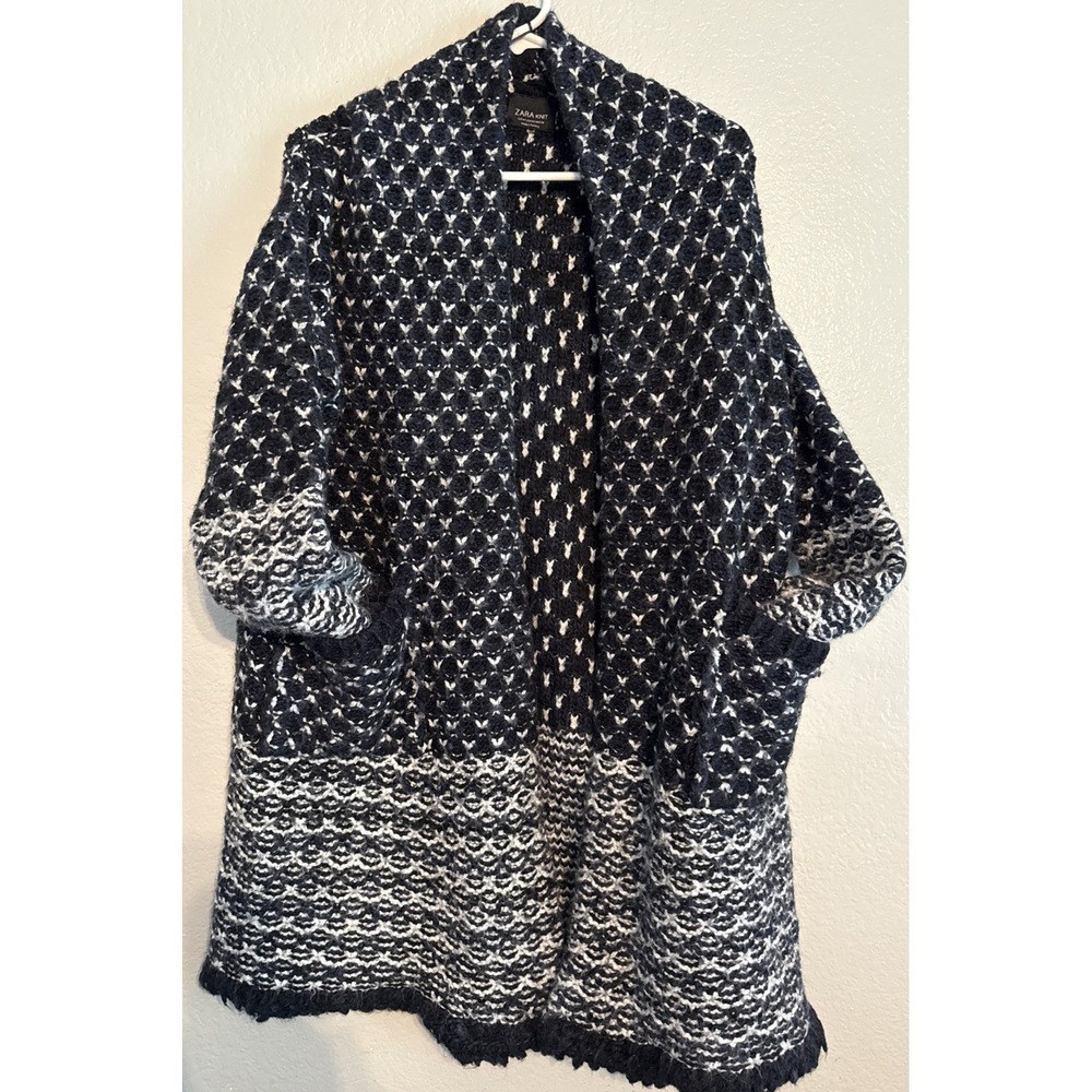 ZARA KNIT Geometric Textured Honeycomb Long Cardigan Coatigan Sweater Navy M